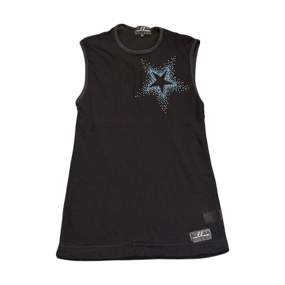 VTG 90s Goth Black Mesh Blue Rhinestone Star Muscle Tee/Tank Fetish Clubwear M